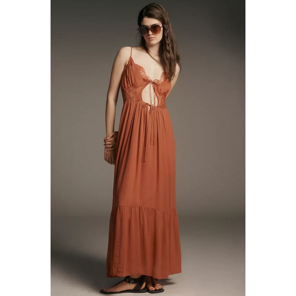 Anthropologie LET ME BE Sleeveless Cutout Maxi Slip Dress in Brick S NWT $168